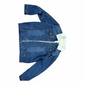 Women's Size XL Blue Denim Faux Fur Button Down Jean Trucker Jacket Coat